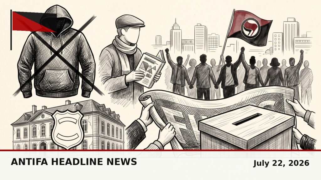 Black-and-white editorial pencil sketch with a red-and-black antifascist flag featuring an ICE hoodie crossed out, an Austrian building, a voting ballot, and an anti-war banner. Text reads Antifa Headline News, July 22, 2026.