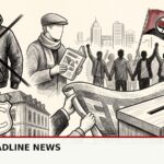Black-and-white editorial pencil sketch with a red-and-black antifascist flag featuring an ICE hoodie crossed out, an Austrian building, a voting ballot, and an anti-war banner. Text reads Antifa Headline News, July 22, 2026.