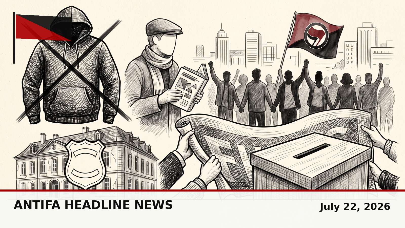 Black-and-white editorial pencil sketch with a red-and-black antifascist flag featuring an ICE hoodie crossed out, an Austrian building, a voting ballot, and an anti-war banner. Text reads Antifa Headline News, July 22, 2026.