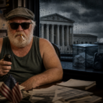 Dick Bulger at a CB radio desk beside a ballot box and federal building under storm clouds.