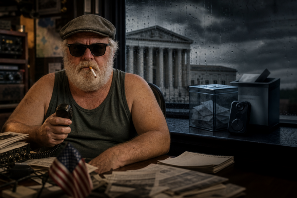 Dick Bulger at a CB radio desk beside a ballot box and federal building under storm clouds.
