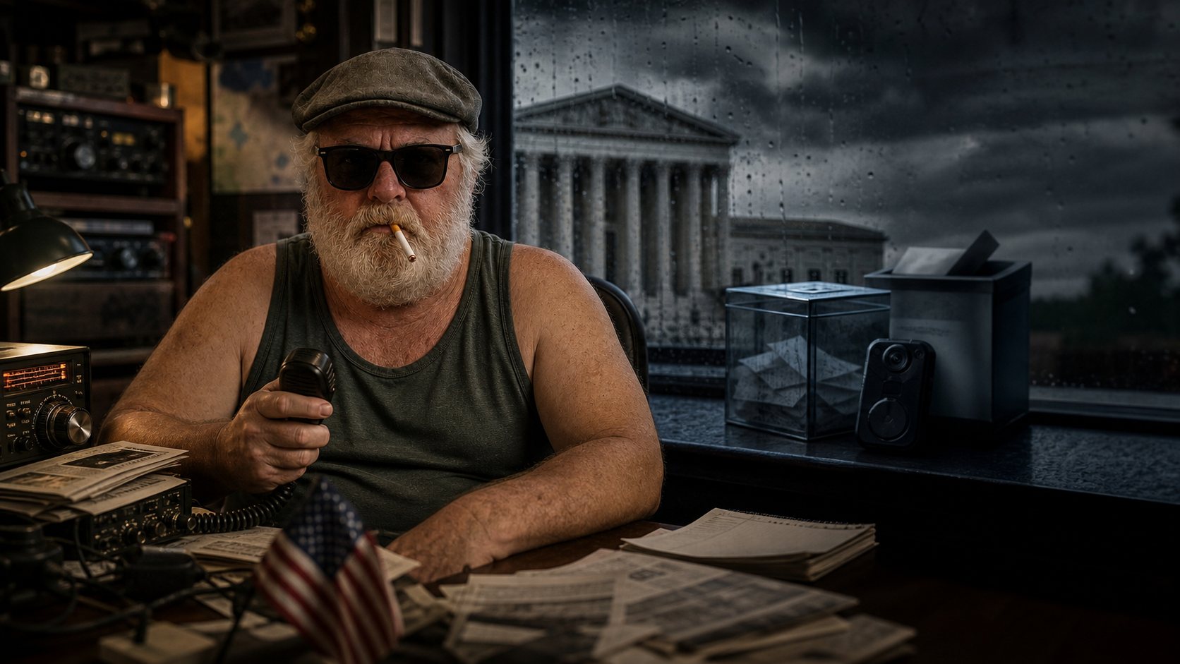Dick Bulger at a CB radio desk beside a ballot box and federal building under storm clouds.