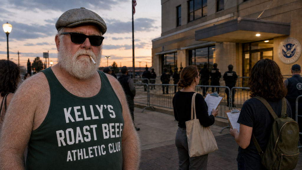 Dick Bulger, expressionless and wearing opaque sunglasses and a dark green Kellys Roast Beef Athletic Club tank top, outside an immigration enforcement building