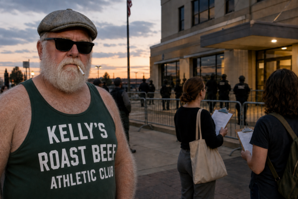 Dick Bulger, expressionless and wearing opaque sunglasses and a dark green Kellys Roast Beef Athletic Club tank top, outside an immigration enforcement building