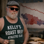 Dick Bulger beside a downward polling chart, in his dark green Kellys Roast Beef Athletic Club tank top