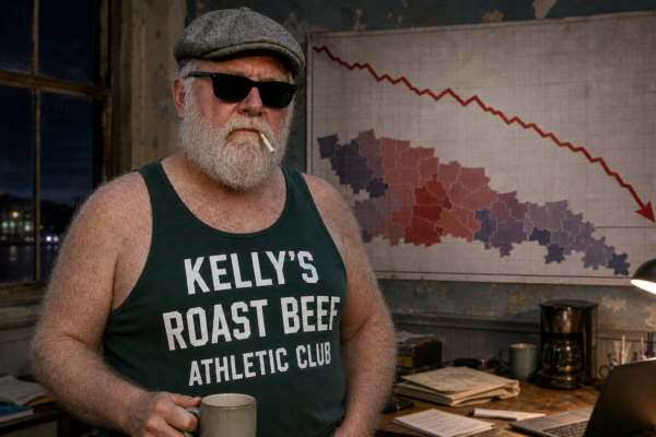 Dick Bulger beside a downward polling chart, in his dark green Kellys Roast Beef Athletic Club tank top