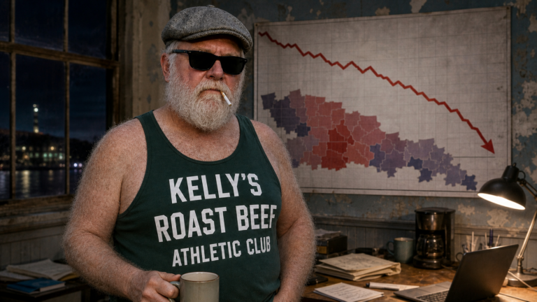 Dick Bulger beside a downward polling chart, in his dark green Kellys Roast Beef Athletic Club tank top